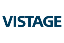 Vistage logo with bold blue lettering on a clean white background.