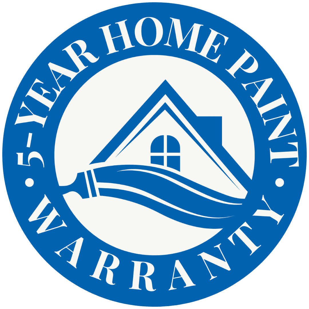 Circular blue and white logo featuring a stylized home with a paint roller and flowing lines, encircled by the text “5-Year Home Paint Warranty.”