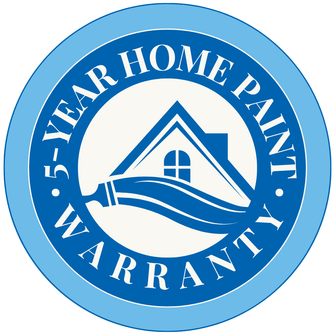 Circular blue and white logo featuring a stylized home with a paint roller and flowing lines, encircled by the text “5-Year Home Paint Warranty.”